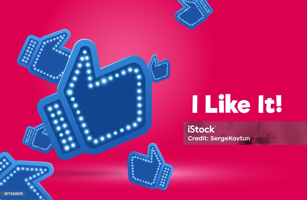 Icons like social network are falling down. Hand, big finger up on pink background. I like it! Social Media stock vector