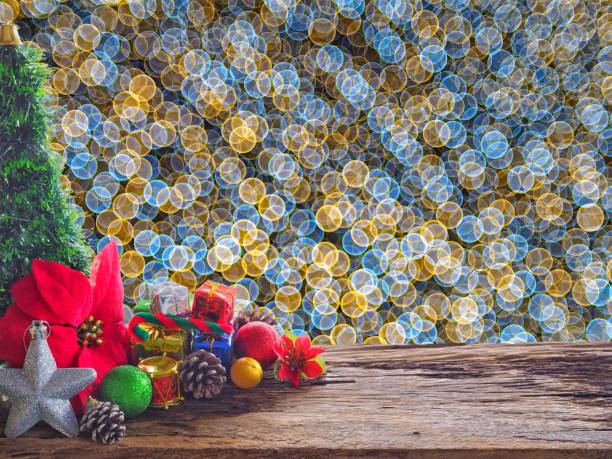 istock Old wood board And decorations in the space available for placing objects. Background bokeh bubbles colorful. Christmas and New Year concept for display or montage your product design 877337042