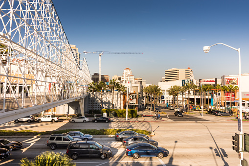 The pedestrian bridge allows people to walk over Shoreline Drive, to the Pike shopping center. The bridge plays tribute to the original historic roller coaster in Long Beach, CA. Shot on November 12, 2017.