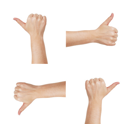 Four hands make the thumbs-up hand sign, each pointing in a different direction.