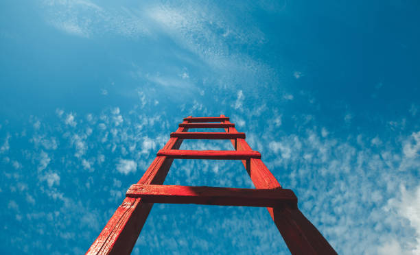 istock Red Staircase Rests Against Blue Sky, Front View. Development Motivation Career Growth Concept 877347856
