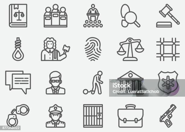 Law And Justice Line Icons Stock Illustration - Download Image Now - Icon Symbol, Handcuffs, Prison