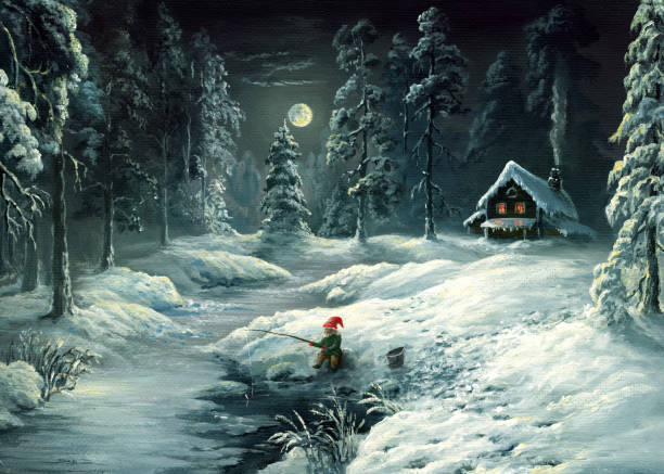 ilustrações de stock, clip art, desenhos animados e ícones de winter tale, oil painting in retro style - fishing hut