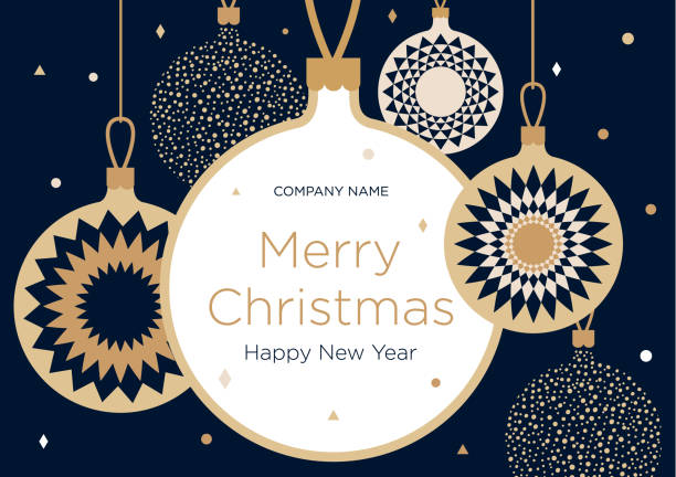 Christmas greeting banner or card. Golden Christmas balls on a dark blue background New Year's design template with a window for text. Vector flat. Horizontal format new year illustrations stock illustrations