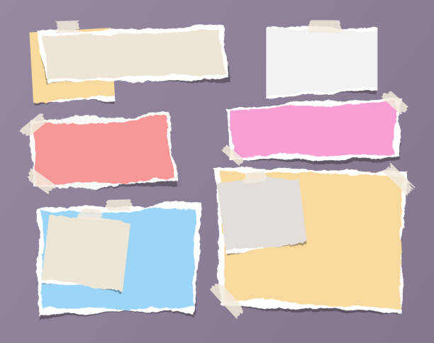istock Bright colorful ripped strips, notebook, note paper for text or message stuck with sticky tape on purple background. 877350170