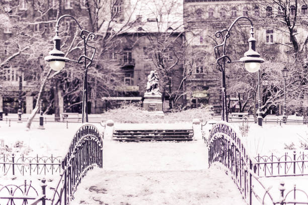 istock Bridge in park, Lanterns, Winter, Snowing 877350270
