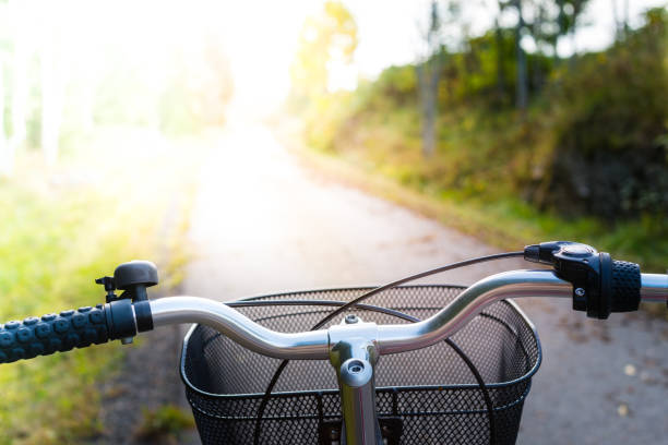 Red retro bike with basket on a cycle path with sunlight