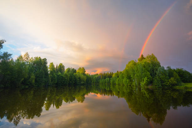 istock Rainbow over calm water of a forest lake 877359716