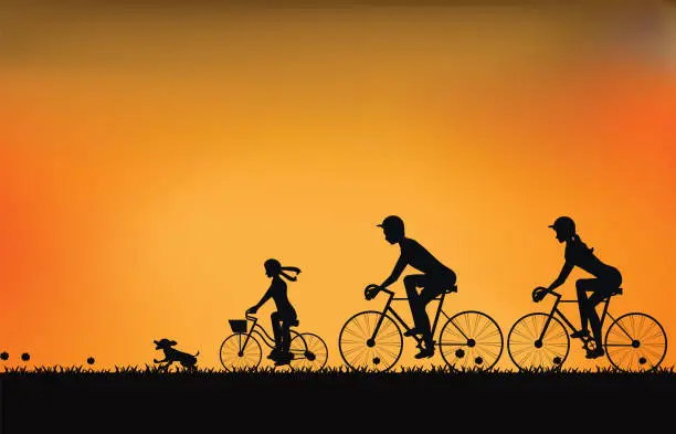 Vector illustration of Silhouette of family driving bike with beautiful sky at sunset .