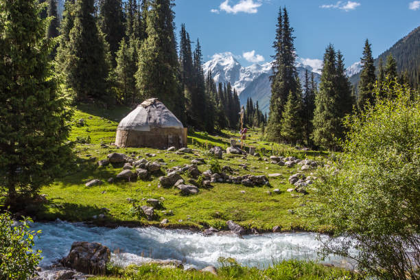 yurt in the mountains classic wool house of Kyrgys nomads, that stay on river side in Jety-Oguz valley kyrgyzstan photos stock pictures, royalty-free photos & images