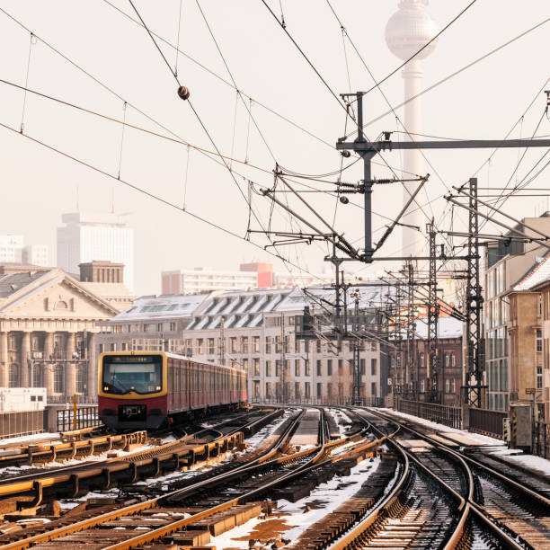 Winter cityscape with S-Bahn train, Berlin, Germany