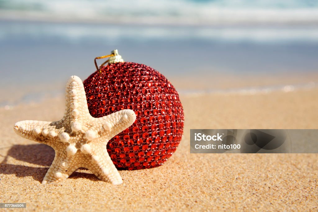 christmas ball and starfish in the sand of a beach closeup of an elegant red christmas ball and a starfish in the sand of a beach, next to the seashore Southern Hemisphere Stock Photo