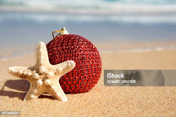 Christmas Ball And Starfish In The Sand Of A Beach Stock Photo - Download Image Now - Southern Hemisphere, Celebration, Season