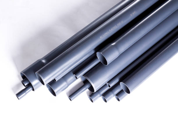 istock Grey PVC-U watering system pipes is isolated on white. 877367146