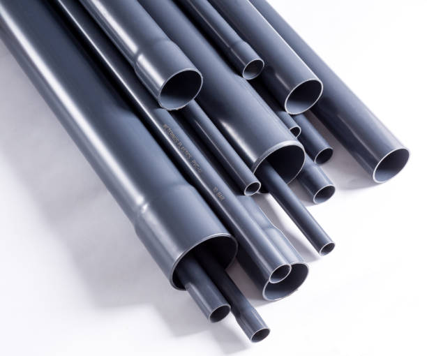 Grey PVC-U watering system pipes is isolated on white.