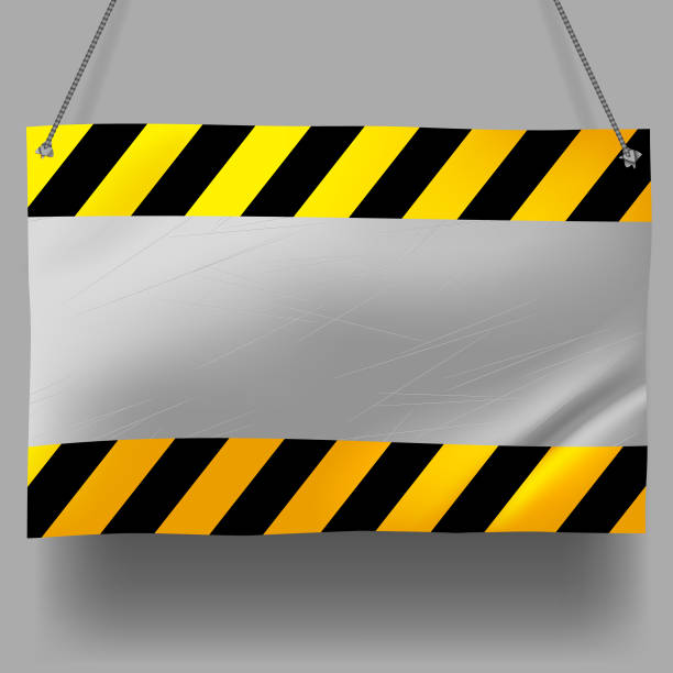 istock Metallic crumpled yellow and black striped signboard 877368682
