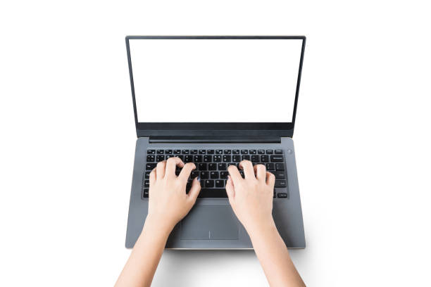 istock Women using laptop with blank screen on white background 877368962