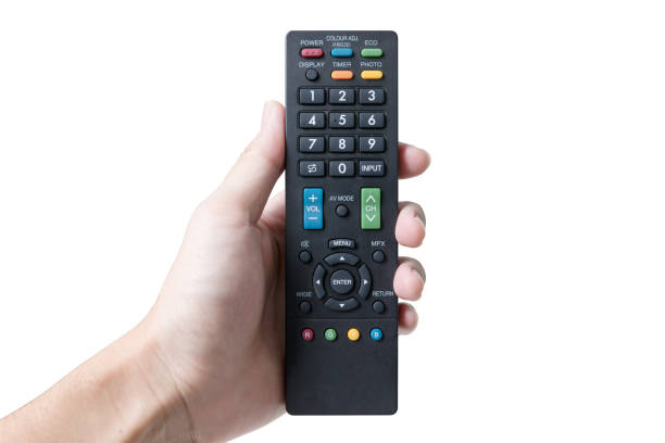 istock TV remote control, the hand with a remote control isolated 877369578