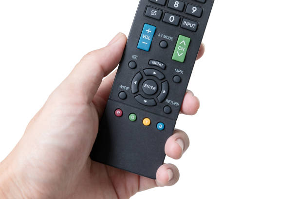 istock TV remote control, the hand with a remote control isolated 877369696