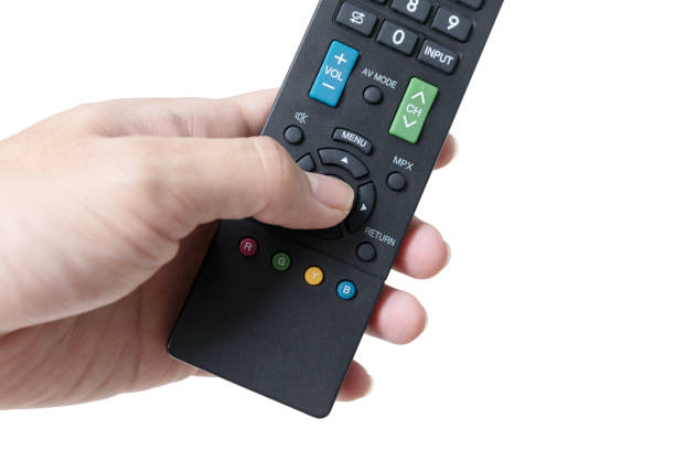 istock TV remote control, the hand with a remote control isolated 877370090