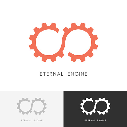 Eternal engine - gear wheel or pinion and infinity symbol. Perpetuum mobile, industry and mechanical engineering vector icon.