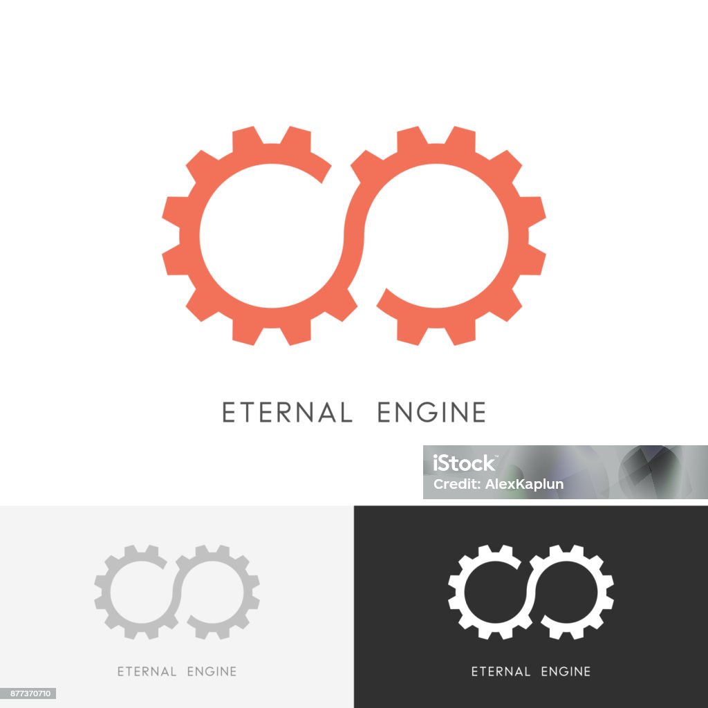 Eternal engine symbol Eternal engine - gear wheel or pinion and infinity symbol. Perpetuum mobile, industry and mechanical engineering vector icon. Perpetual Motion stock vector