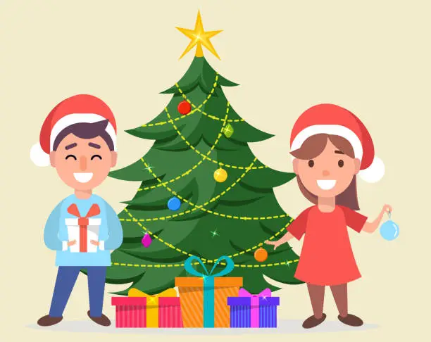 Vector illustration of Boy and girl in Santa Claus hats standing near decorated Christmas tree