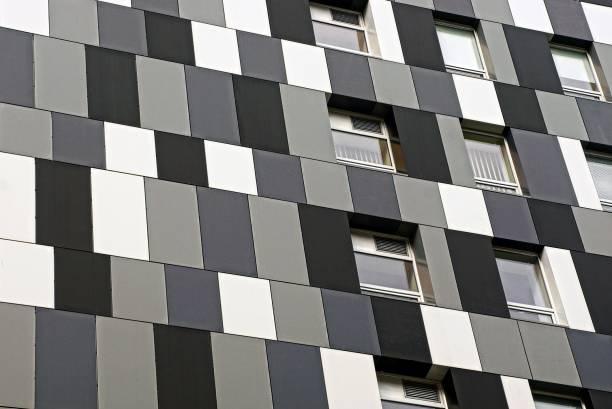 istock Black and white wall of a modern multi-storey building with windows 877371598