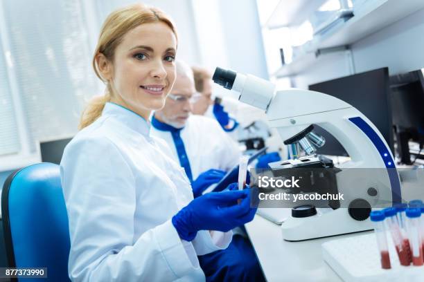 顕微鏡で座っている笑顔の科学者 - DNAのストックフォトや画像を多数ご用意 - DNA, DNA精製, DNA鑑定