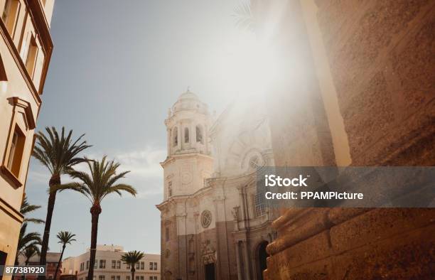 Cadiz Cathedral Facade Surrounded By Palm Trees In Andalusia Spain Stock Photo - Download Image Now