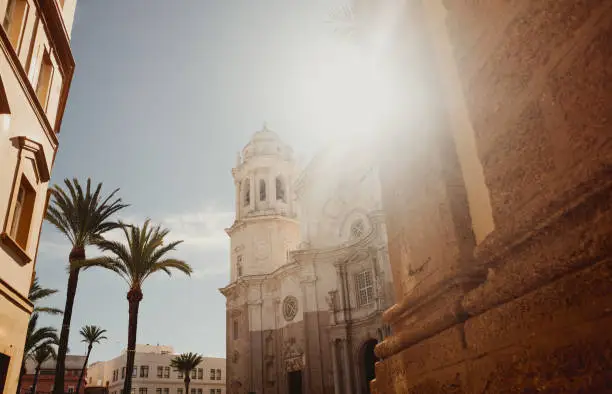 Cadiz Cathedral facade surrounded by palm trees in Andalusia, Spain