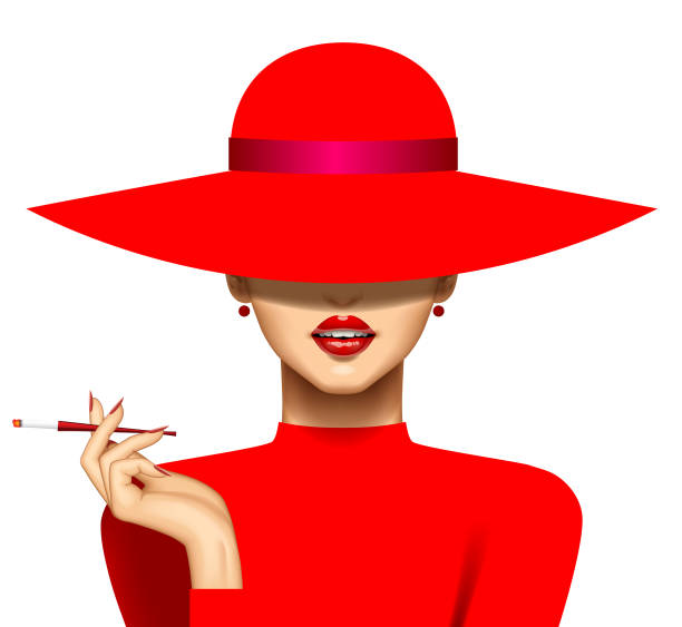 женщина с сигаретой в красной шляпе и вечернем платье - гламур иллюстрации stock illustrations