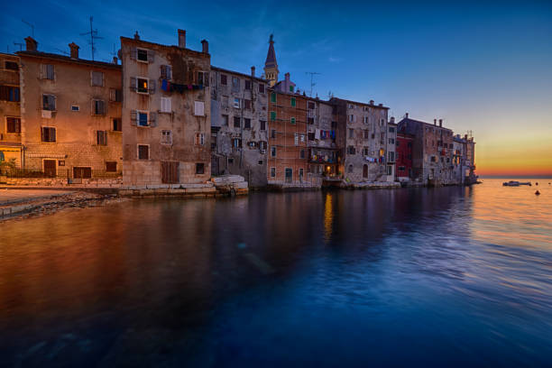 Coastal town of Rovinj, Istria, Croatia in sunset. Rovin beauty antiq city stock photo