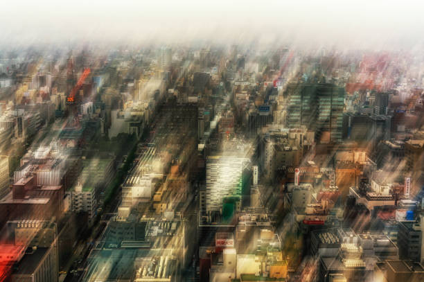 Sapporo city taken in JR Tower through rainy window. Sapporo, Japan