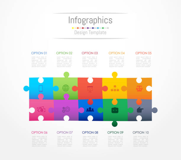 Infographic design elements for your business data with 10 options, parts, steps, timelines or processes. Jigsaw puzzle concept, Vector Illustration. Infographic design elements for your business data with 10 options, parts, steps, timelines or processes. Jigsaw puzzle concept, Vector Illustration. 10 11 years stock illustrations