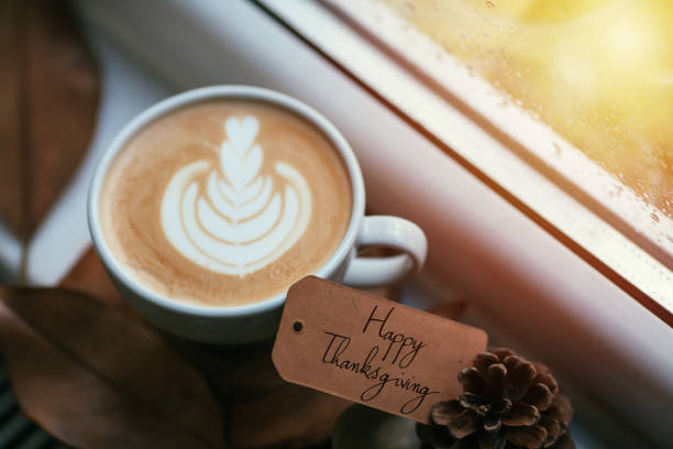 istock Thanksgiving greeting card with cafe latte, rain fall 877386064