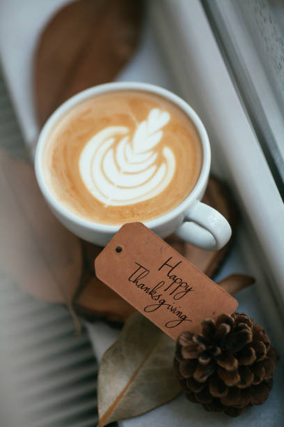 istock Thanksgiving greeting card with cafe latte, rain fall 877386466