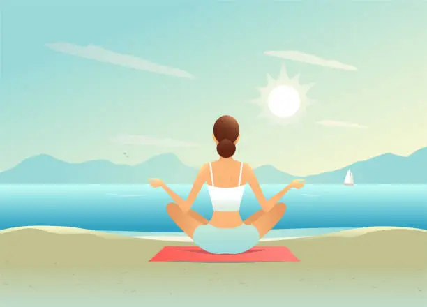 Vector illustration of Doing yoga on the beach