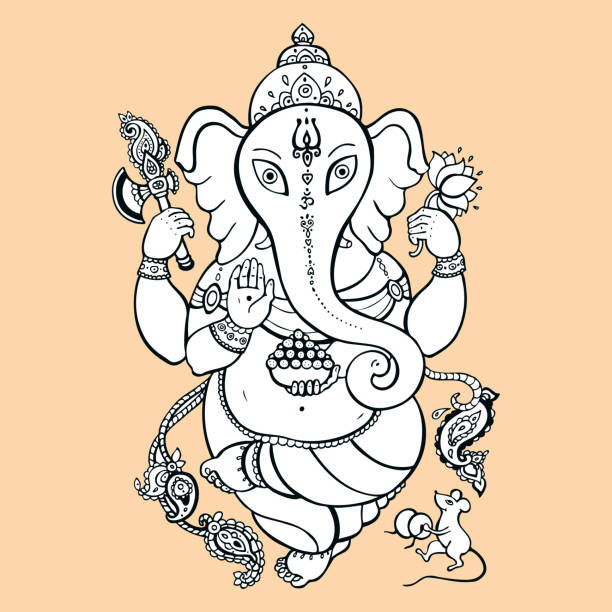 Ganapati Meditation in lotus pose Hindu God Ganesha. Ganapati. Vector hand drawn illustration. Meditation in lotus pose ganesha outline drawing stock illustrations