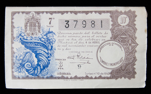 Spain - April, 1942: Old Ticket or receipt of Spanish national lottery of the year 1942. One-tenth of the ticket for the draw of April 4, 1942