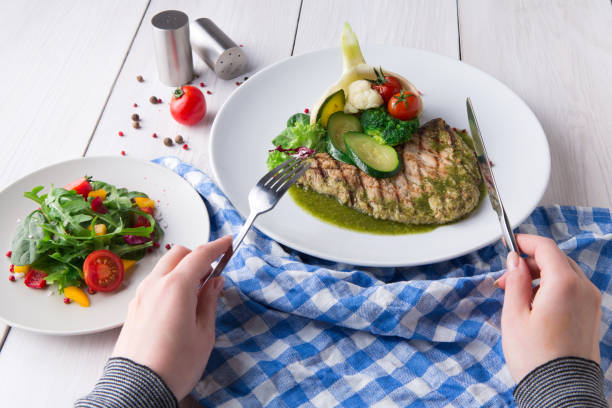 istock Grilled beefsteak with vegetables and green bell pepper sauce 877394740