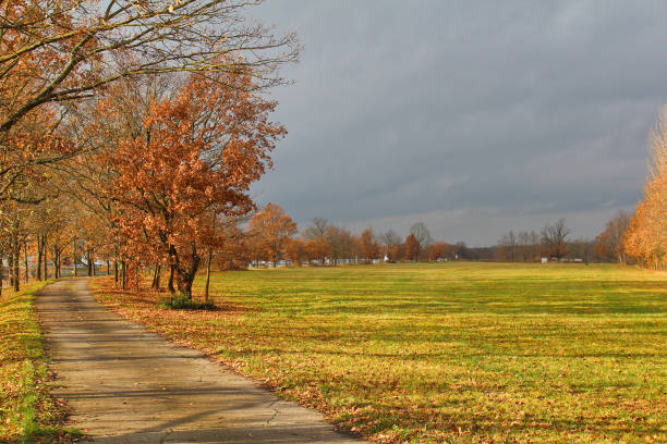 istock Autumn trees and meadow with bicycle path near Vltava river. Czech landscape 877396054