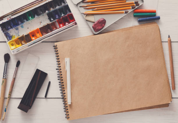 istock Drawing tools, stationary, workplace of artist 877396376