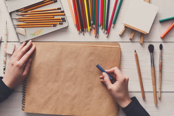 istock Workplace of artist, flat lay, top view, desktop 877398596