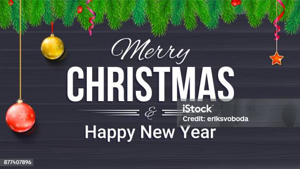 Merry Christmas And New Year Banner With Fir Branches Red Berries And Christmas Decoration Festive Atmosphere Template For Greetings Card Print Design Editable Vector 3d Illustration Stock Illustration - Download Image Now