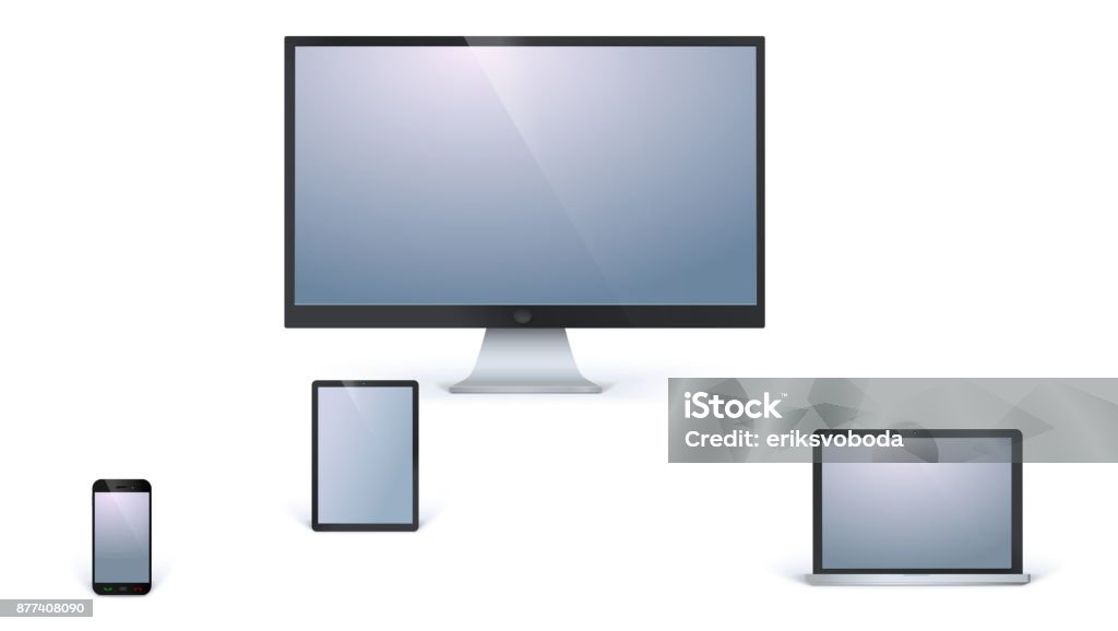 Icons of blank electronic devices with white screens isolated on white background. Desktop computer monitor,opened laptop, tablet and mobile smart phone Icons of blank electronic devices with white screens isolated on white background. Desktop computer monitor,opened laptop, tablet and mobile smart phone. Arranging stock vector