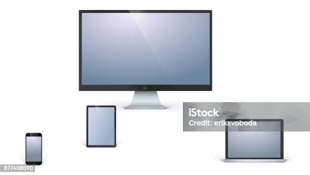 Icons Of Blank Electronic Devices With White Screens Isolated On White Background Desktop Computer Monitor Opened Laptop Tablet And Mobile Smart Phone Stock Illustration - Download Image Now