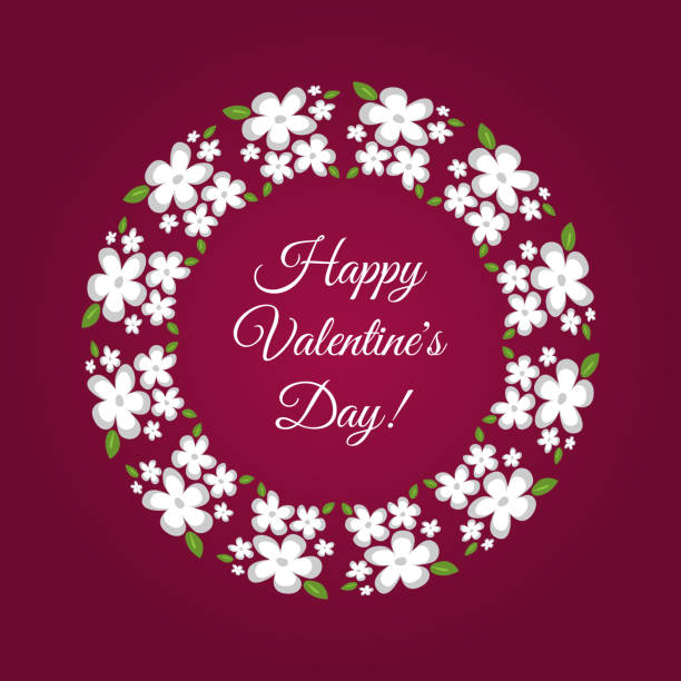 istock Congratulation Happy Valentine's Day! in a flower frame. White-gray flowers with green leaves. Purple background. 877437732