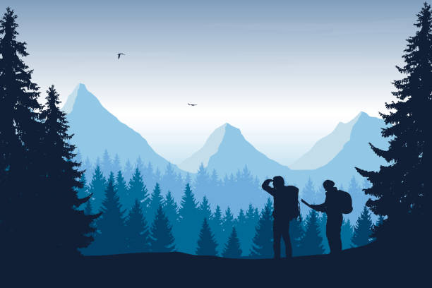 Vector illustration of a mountain landscape with a forest and two tourists looking for a path under a clear sky Vector illustration of a mountain landscape with a forest and two tourists looking for a path under a clear sky girl silouette forest illustration stock illustrations
