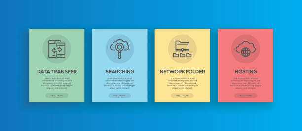 オンボードアプリ画面とwebコンセプトのベクトルイラスト。データ転送-検索-ネットワークフォルダホスティング - multi colored business network server it support点のイラスト素材／クリップアート素材／マンガ素材／アイコン素材